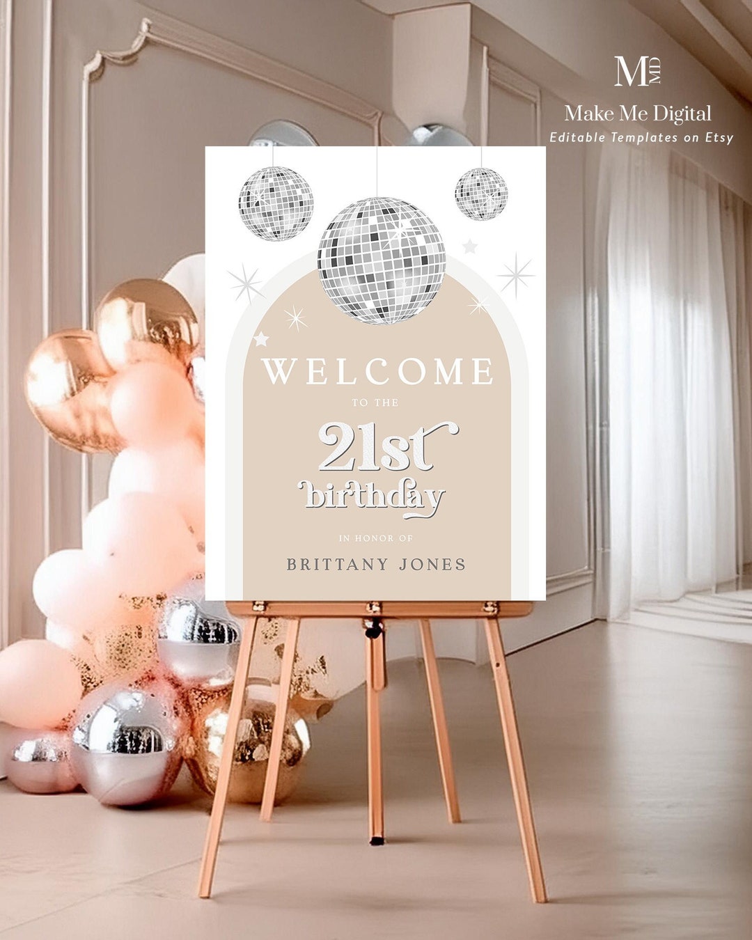 Disco Ball Diva 21st Birthday Welcome Sign, Silver Glitter