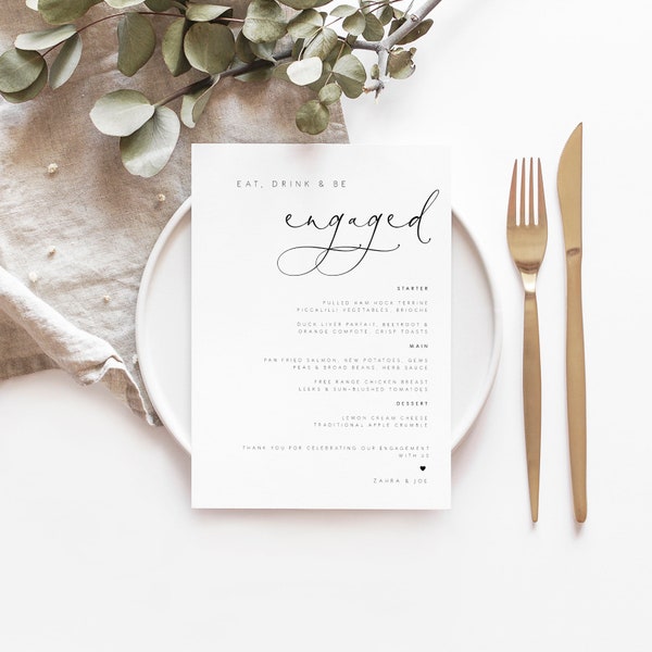 Contemporary Engagement Party Menu, Modern wedding engagement dinner menu printable, industrial editable eat, drink and be engaged ZAHRA