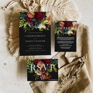 Dark moody floral wedding invitation SUITE burgundy floral wedding rsvp & info, dark burgundy wedding invitation set, instant download, 105