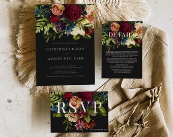 Dark moody floral wedding invitation SUITE burgundy floral wedding rsvp & info, dark burgundy wedding invitation set, instant download, 105