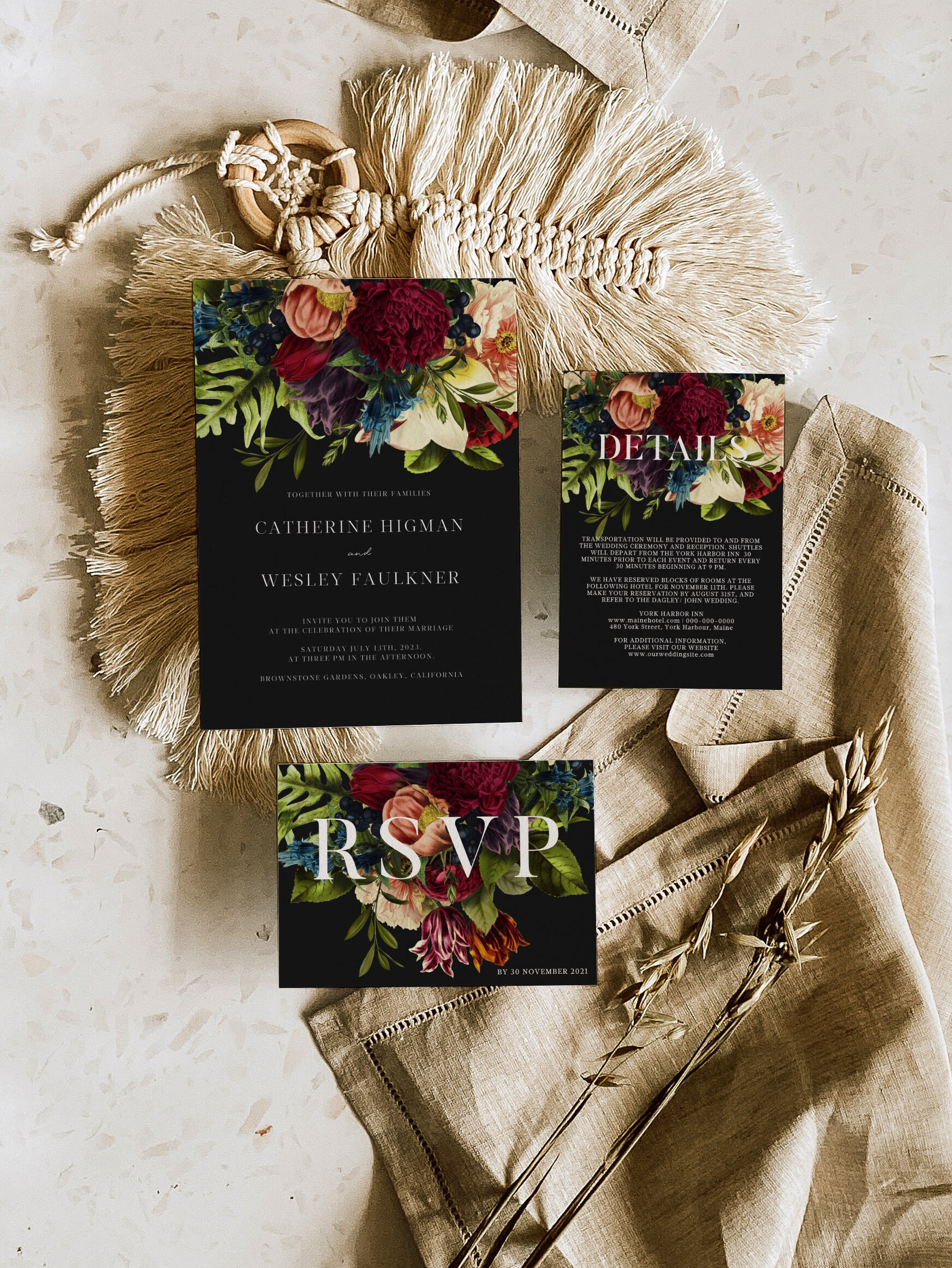 Dunkelrote Blumen-Hochzeitseinladung, bordeauxrotes Hochzeitseinladungs-Set, bordeauxfarbenes Hochzeitseinladungs-Set, 105