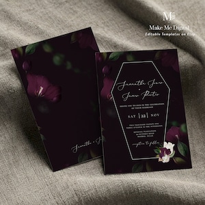 Faire-part de mariage gothique cercueil, invitation de mariage imprimable Halloween téléchargement immédiat mariage gothique violet et noir floral Wedding VE1