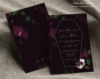 Gothic Coffin Wedding Invitation, Printable Halloween Wedding Invite Instant Download purple and black gothic wedding floral Wedding VE1