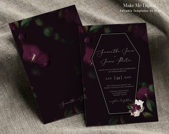 May include: A dark purple wedding invitation with a black and white floral design. The invitation features a gothic-style font and the text "Jemith Jour + Jenes Porter" and "SAT 22 NOV".