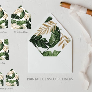 Plantilla para sobre con diseño de vegetación tropical y dorado, plantilla para sobre con diseño de playa tropical, plantilla para sobre con diseño de hojas de palmera Descarga instantánea 119