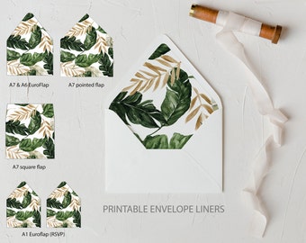 Tropical greenery with gold envelope liner template, Beach tropical envelope liner, palm leaf envelope liner Instant Download 119