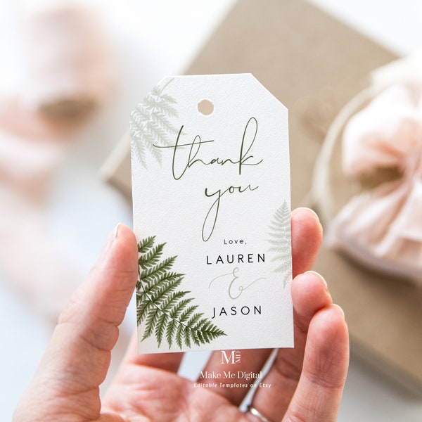 Forest Fern wedding thank you tag, editable fern wedding favor tag, woodland day of wedding thank you favor tag , instant download 112