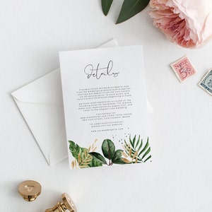 Tropical Wedding details card Template banana leaf Editable palm leaf wedding information monstera wedding Printable Calligraphy Wedding 119