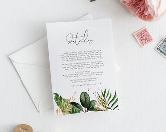 Tropical Wedding details card Template banana leaf Editable palm leaf wedding information monstera wedding Printable Calligraphy Wedding 119