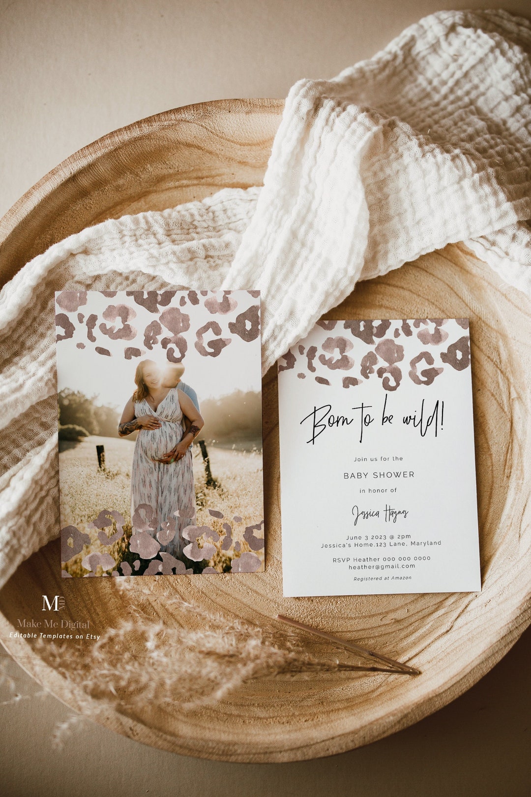 Leopard Print Baby Shower Invitation, Boho Brown Spots Born to Be Wild