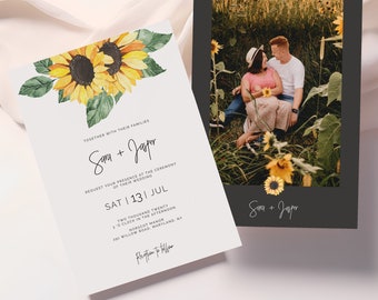 Invitación de boda rústica con girasoles, elegante invitación de boda con flores para imprimir, invitación de boda con girasoles amarillos editables