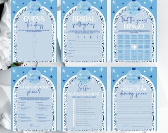 13 Blue Tile Santorini Bridal Shower Game Bundle, Greek Mamma Mia hen do set printable, recipe editable movie hen party game suite bingo