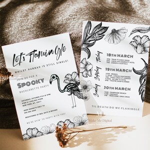 Let&#39;s Flamingle Skeleton Flamingo Bachelorette Party Invitation, gothic bach party, Instant Download, spooky bachelorette party invitation