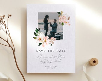 Pink hydrangea Save the Date card blush wedding save the date, magnolia personalised save the date printable add your own photo download 116