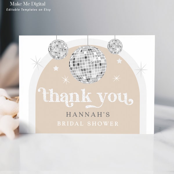 Disco Ball Diva thank you card, Silver glitter festival hen do thank you note printable, editable arch bridal shower thanks for coming DX