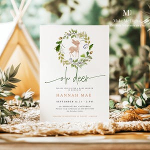 Woodland Deer Baby Shower Invitation, Oh Deer baby shower invitation, Printable Baby shower invitation, green forest  shower Editable