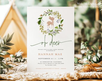 Woodland Deer Baby Shower Invitation, Oh Deer baby shower invitation, Printable Baby shower invitation, green forest  shower Editable