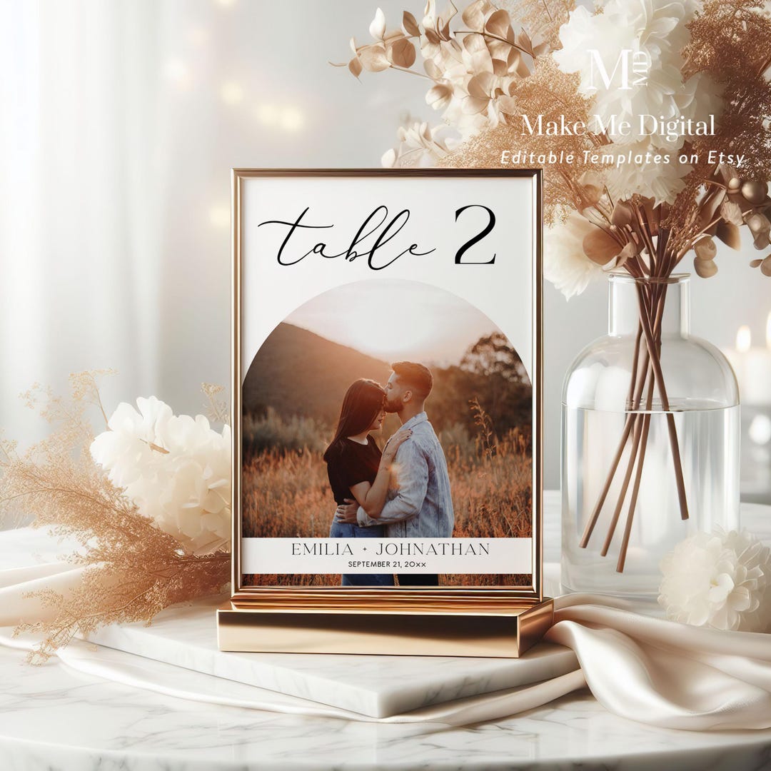 Elegant Calligraphy Table Number PHOTO Template | Editable Classic Chic ...
