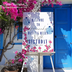 Letrero de bienvenida para el 15.º cumpleaños de Dancing Queen, letrero de caballete para cumpleaños de adolescentes de Greek Mamma, imprimible, letrero editable de 18 x 24 pulgadas para cine Mia en Londres