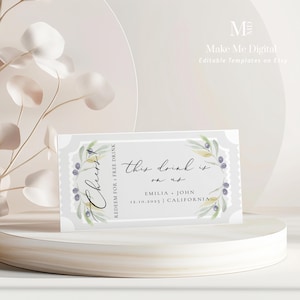 Modèle de billet pour un verre d'olive de mariage, bon pour un verre pour un mariage méditerranéen, billets pour un verre pour le mariage, billets pour un verre olive imprimable instantané