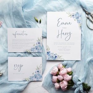 Pastel Blue Wedding Invitation Suite, Rustic Floral wedding Invitation set, printable dusty blue wedding rsvp and details, instant download
