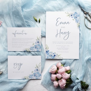 Suite de faire-part de mariage bleu pastel, ensemble de faire-part de mariage floral rustique, réponse et détails de mariage bleu poussiéreux imprimables, téléchargement immédiat