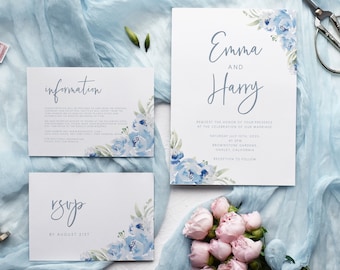 Pastel Blue Wedding Invitation Suite, Rustic Floral wedding Invitation set, printable dusty blue wedding rsvp and details, instant download