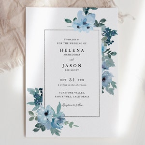 Blue Floral Wedding Invitation Rustic wedding invitation, editable wedding invite template, printable wedding invite, instant download 131 image 10