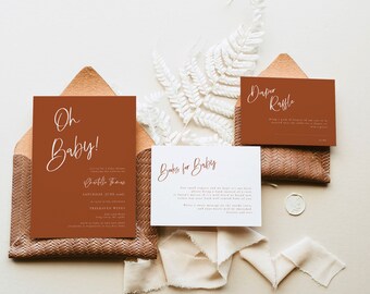 Terracotta Baby Shower Invite set, Burnt Orange Baby Shower invitation, Printable Shower invitation, Modern Boho shower Editable TERA