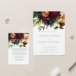 Stimmungsvolles Blumenhochzeitseinladungsset, dunkelrote Hochzeitseinladungskarte, dunkles Burgunderrot, sofortiger Download, 105