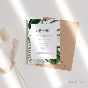 ZURI | Minimalist Tropical Birthday Invite Template, Birthday monstera, Printable Birthday invitation palm leaf let's celebrate Editable 126