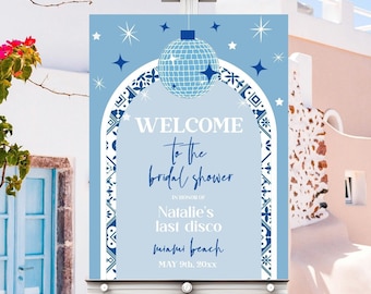 Blue Tile Mamma Mia Hen Party welcome sign, Santorini hen sign printable, editable greek Spanish Mediterranean disco hens easel poster DX