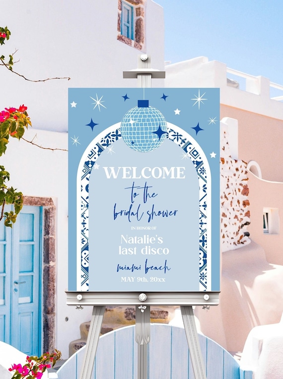 Blue Tile Mamma Mia Hen Party welcome sign, Santorini hen sign printable, editable greek Spanish Mediterranean disco hens easel poster DX