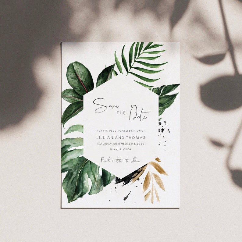Tropical Save the Date Template invitation, Save The Date Greenery, Printable Save The Date, Green leaf Save the Date Editable 119 image 1
