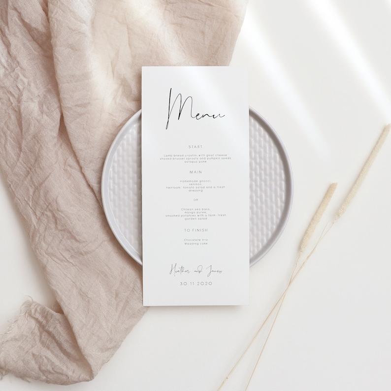 Minimal Wedding Menu Template, Minimalist Wedding Menu, Modern Wedding Menu, Let's Eat Menu, Templett Wedding Menu 120 image 1