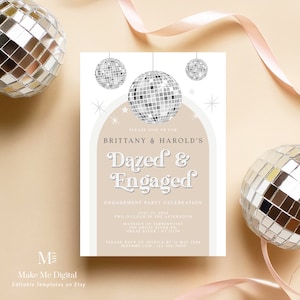Disco Ball Diva Dazed & Engaged Invitation, Silver glitter festival engagement invitation printable, editable arch engagement invite DX