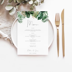Menù per matrimonio tropicale, menù per addio al nubilato estivo con verdure, menù per cena con foglie botaniche, download immediato, menù digitale 119