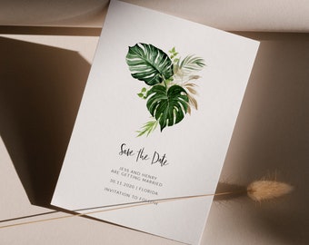 Tropical Save the Date Template invitation, Save The Date monstera, Printable Save The Date, palm leaf Save the Date Editable 126