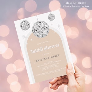 Disco Ball Diva Bridal Shower Invitation, Silver glitter festival hen do invitation printable, editable arch bridal invitation invite DX image 2