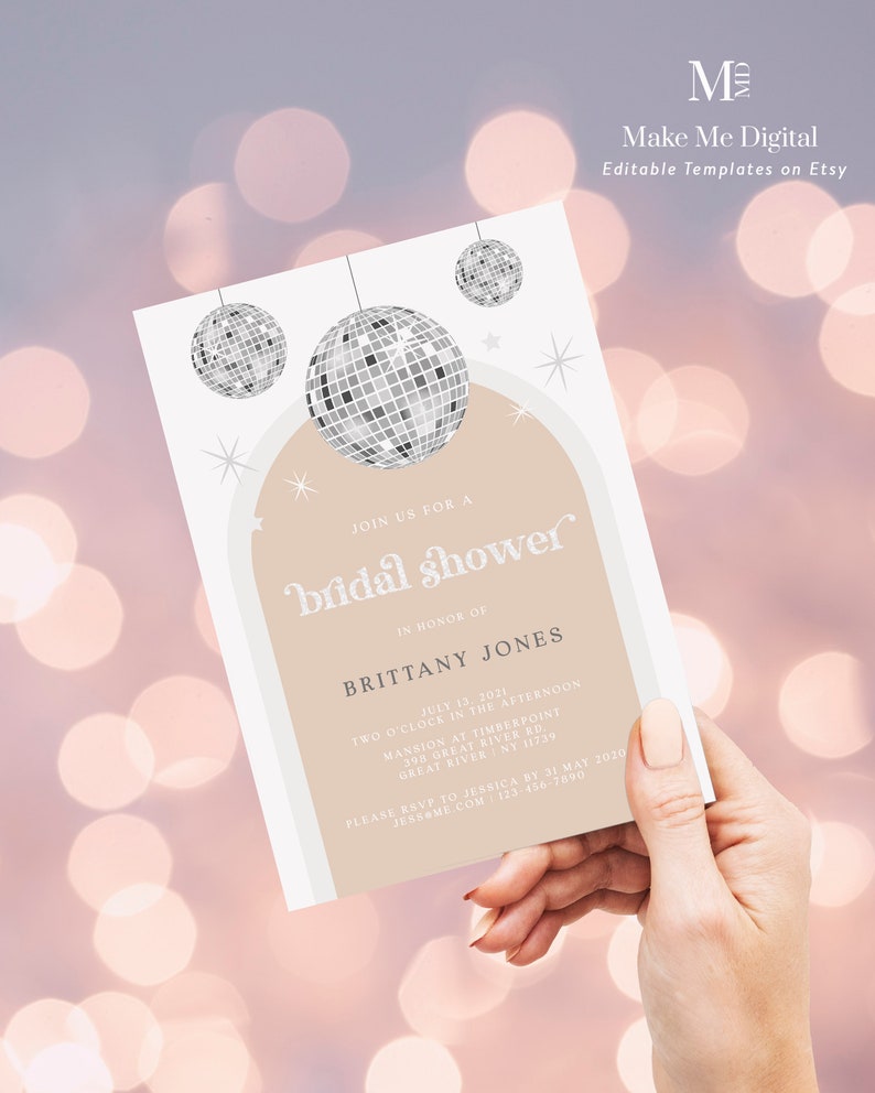 Disco Ball Diva Bridal Shower Invitation, Silver glitter festival hen do invitation printable, editable arch bridal invitation invite DX image 2