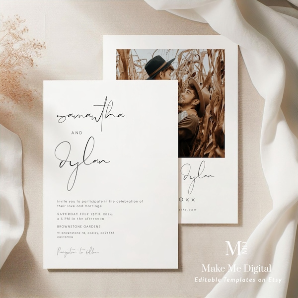 Convite de casamento minimalista moderno, convite de casamento minimalista de caligrafia, convite de casamento moderno para impressão, download instantâneo 120