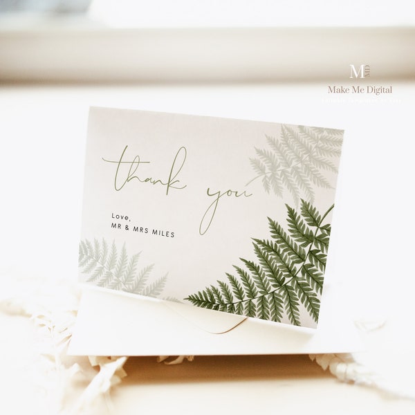 Elegant Fern wedding thank you card, editable fern wedding thank you for the gifts, tented post wedding thank you card, instant download 112