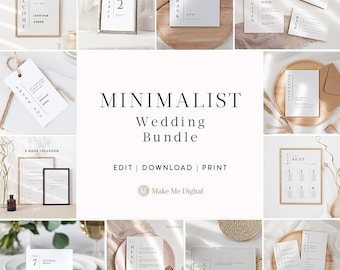 May include: A set of minimalist wedding printable templates in black and white with gold accents. The templates include a welcome sign, table numbers, a seating chart, a menu, a sign, and a thank you card. The templates are editable and printable.