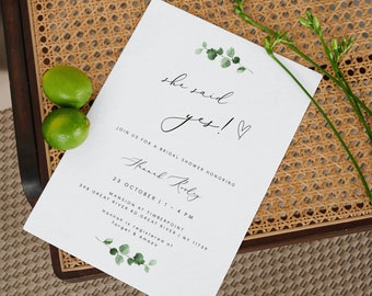 Green Eucalyptus Bridal Shower invite printable,  Greenery She said yes bridal shower Template, Bridal Shower invitation, bohemian 127