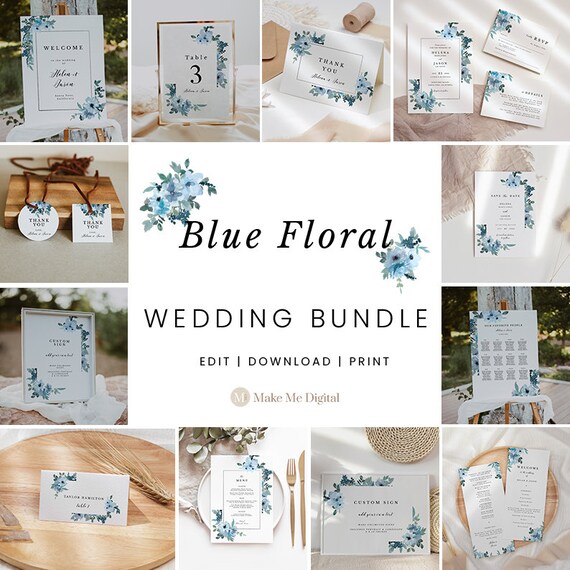 15 Item Blue Floral Wedding Template Bundle Dusty Blue - Etsy