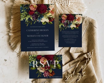 Burgundy & Navy floral wedding invitation SUITE red floral wedding rsvp and info, burgundy wedding invitation set, instant download, 105