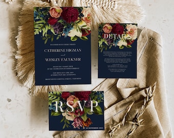 Burgundy & Navy floral wedding invitation SUITE red floral wedding rsvp and info, burgundy wedding invitation set, instant download, 105
