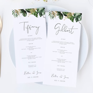 Menu de mariage tropical personnalisé, verdure d'été, noms d'invités, menu botanique personnalisé du dîner, téléchargement immédiat, 119