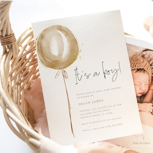Gold Beige Balloon Baby Shower Invitation,Earth Boy Baby Shower invitation, Printable Shower invitation, Balloon brown shower Editable
