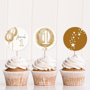 Printable Gold Balloon 1st Birthday Cupcake Topper , Round topper DIY Gender Neutral First Birthday cupcake toppers beige balloon garland